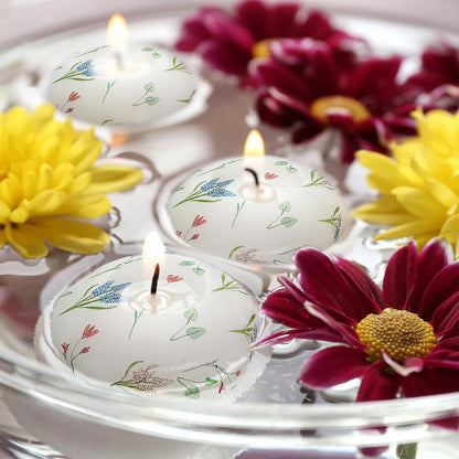 4 Pack Print Floating Candles 2 inch Floral Floating Candle with 2 Pearl String Unique Unscented for Centerpieces Wedding Christmas Lights Romantic Night (Hyacinth Flower Pattern)