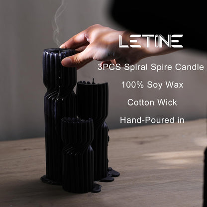LETINE Black Sandalwood Pillar Candles Set of 3 - Decorative Ribbed Soy Wax Spiral Spire Candles for Home Decor, Bulk Scented Candles for Entryway Table, Living Room& Coffee Table Decor