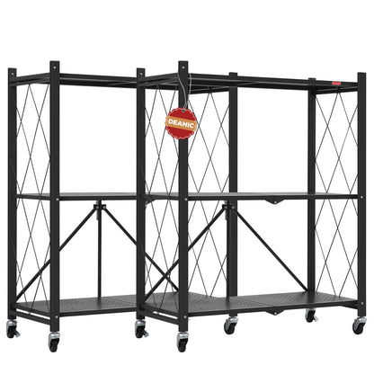 DEANIC 3 Tier Foldable Storage Shelves with Wheels, Kitchen Appliance Stand, Freestanding Metal Wire Shelf Rack, No Assembly Organizer Rolling Cart for Garage, Basement, Pantry(Black Pack of 2)