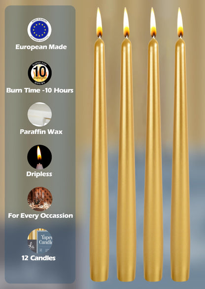 12 Pack Tall Taper Candles - 12 Inch Metallic Gold Dripless, Unscented Dinner Candle - Paraffin Wax with Cotton Wicks - 10 Hour Burn Time