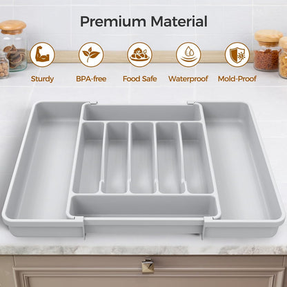 Ukeetap Extra Large Expandable Silverware Organizer - BPA-Free Cutlery Holder | Adjustable Gray Design