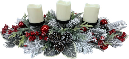 Svndlyn Christmas Candle Holder - 3 Candle Holders with Snow Flocked Pine Branches & Red Berries | Festive Table Centerpiece