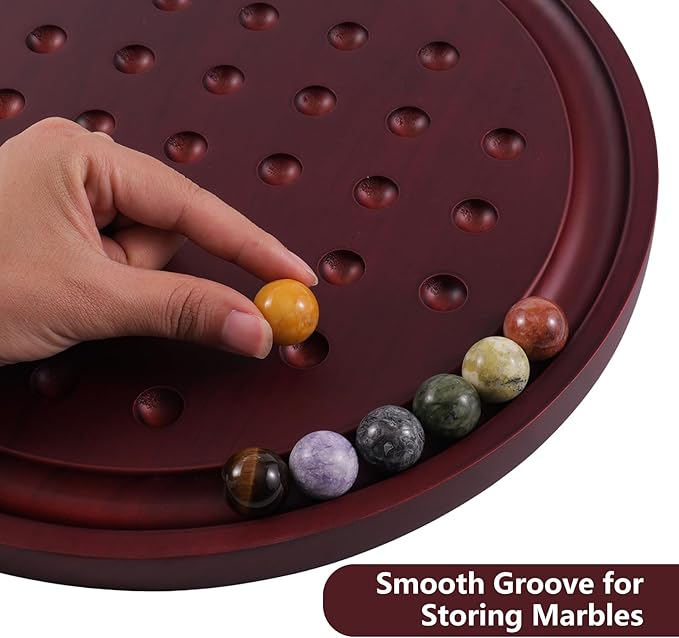 HOROW 12.6 Inches Large Marble Solitaire Board Game Wooden Classic Natural Stone Marbles Solitaire Game Set Containing 36 Colored Natural Stone Marbles Strategy and Smart Games (red Walnut)