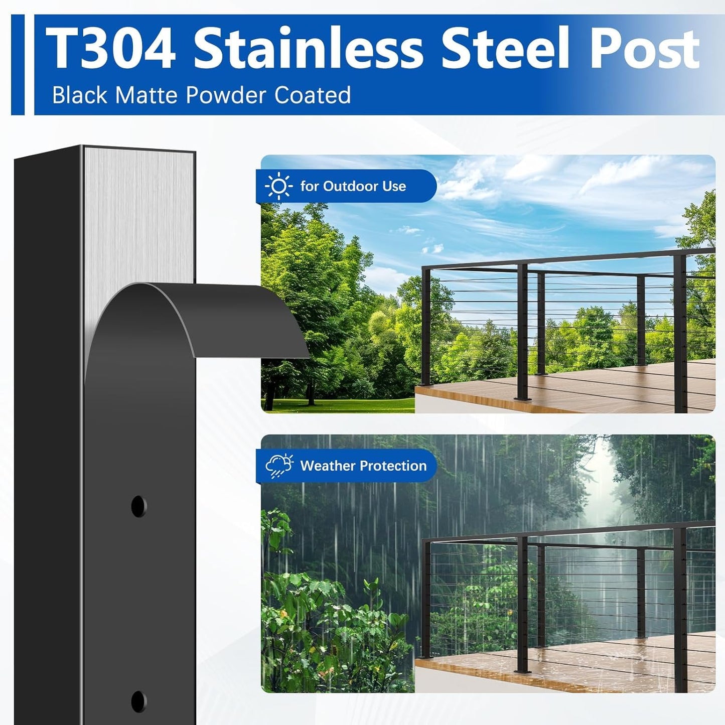Zylorix 2Pack 36" T304 L-drilled Cable Railing Corner Posts(35"x2"x2") with Cable Grommets, Modular 90° Drilled Fixed Top Mount Heavy Duty Stainless Steel Black Finish for Wooden Concrete Deck Patio