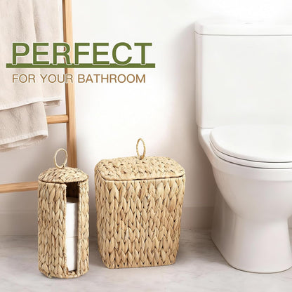 Wicker Waste Basket - Handwoven Water Hyacinth Trash Can with Lid | 2.5 Gal Rustic Decor for Home