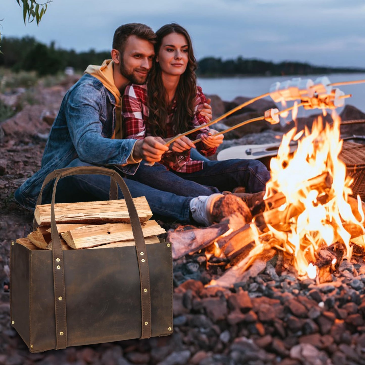 Woodman's Premium Cowhide Leather Log Carrier, Handcrafted Heavy-Duty Firewood Bag for Outdoor Camping, BBQ