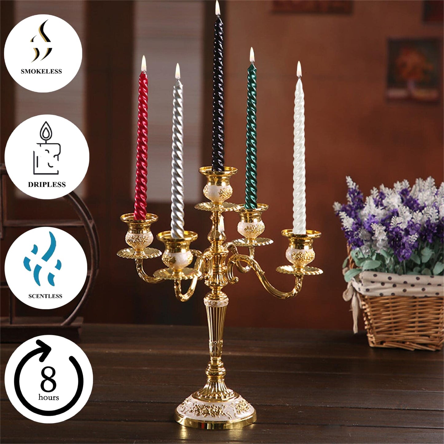 SEVEN LUCKY LIGHT 10 Inch Spiral Black Taper Candles Set of 4, Metallic Finish Dripless Candlesticks, 8+ hrs Smokeless Clean Burning for Halloween, Home, Dinner, Wedding & Church Decor