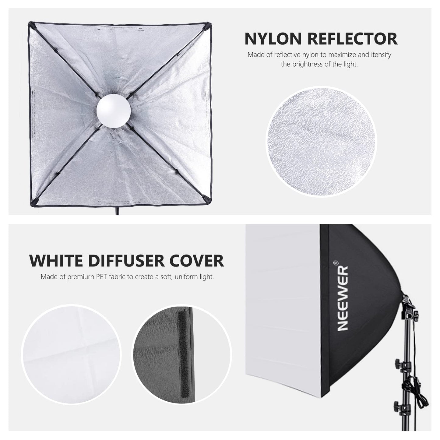 NEEWER 700W Equivalent Softbox Lighting Kit, 2Pack UL Certified 5700K LED Lighting Bulbs, 24x24 inches Softboxes with E26 Socket, Photography Continuous Lighting Kit Photo Studio Equipment