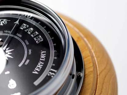 Tabic Prestige Traditional Chrome Barometer Handmade in England with Heavy Brass Case (1/2kg) - Electroplated Chromium Finish - Jet Black Dial - Solid English Oak Mount - Accurate Weather Forecasting