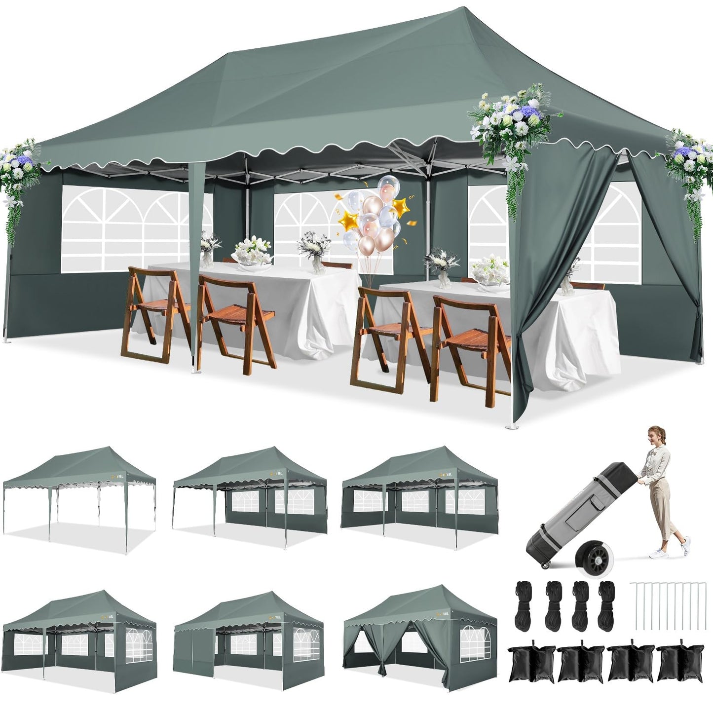 HOTEEL 10x20 Pop Up Canopy Tent with 6 Sidewalls, Waterproof UV50+ Outdoor Shelter for Parties and Events, Easy Setup with Wheeled Bag & 4 Weight Bags, Gray