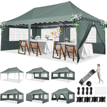 HOTEEL 10x20 Pop Up Canopy Tent with 6 Sidewalls, Waterproof UV50+ Outdoor Shelter for Parties and Events, Easy Setup with Wheeled Bag & 4 Weight Bags, Gray