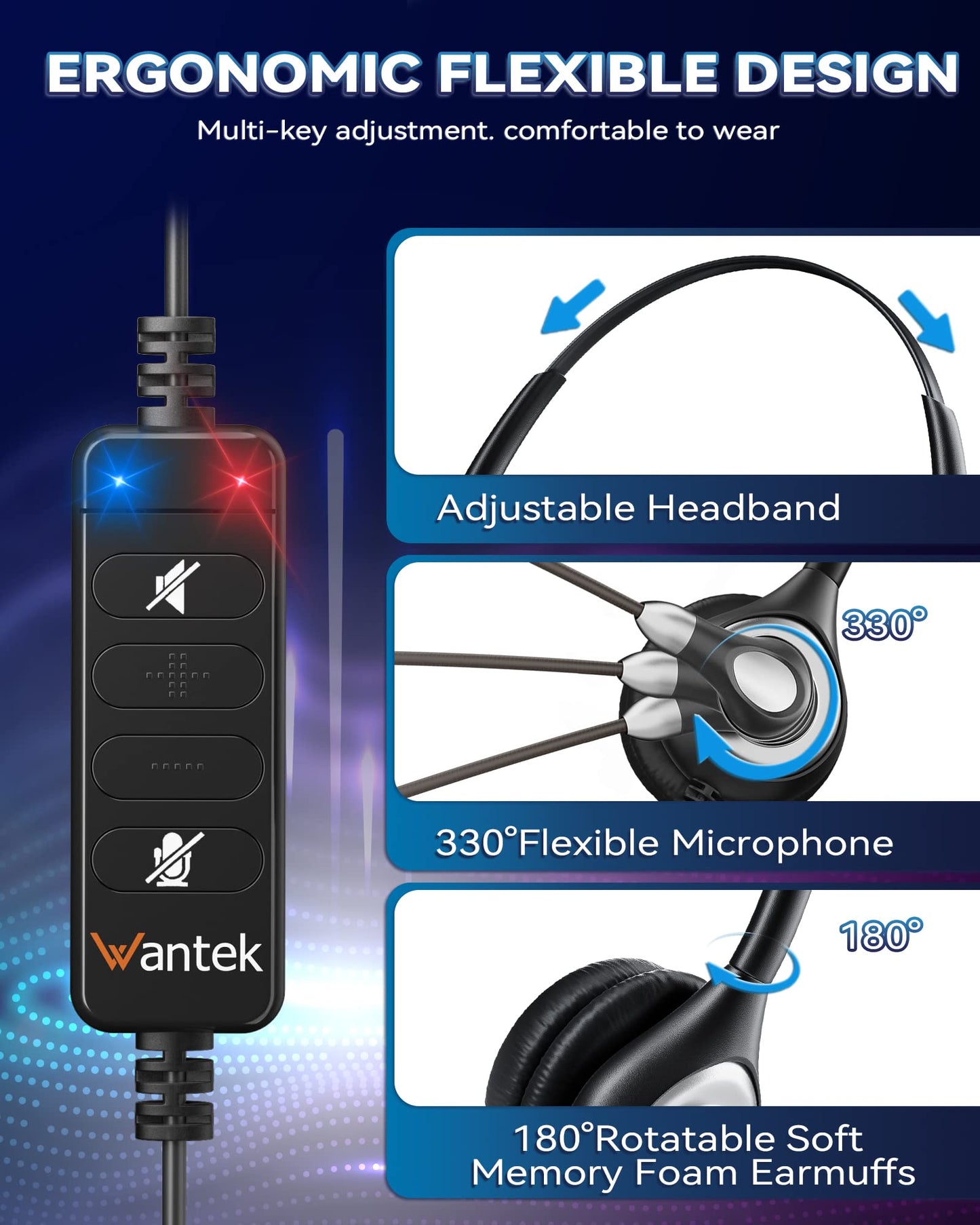 Wantek Corded USB Headset with Microphone Noise Cancelling & in-line Controls, Computer Headphones for Laptop PC Skype Zoom Webinar Classroom Home Office Business, Clear Chat, Ultra Comfort(UC602)