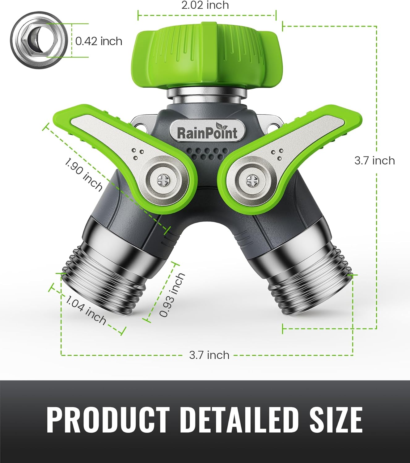 RAINPOINT Garden Hose Splitter - 2 Way Heavy Duty Y Spigot with Shutoff Valves & Metal Handle | 3/4" GHT Thread, Green