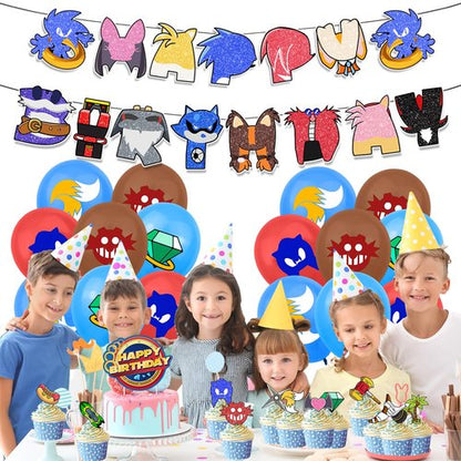 Blue Hedgehog Party Decorations,Blue Hedgehog Birthday Supplies Include Birthday Banner,Balloons,Cake Topper and Cupcake Toppers