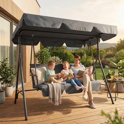 GarveeHome Outdoor Swing Chair with Adjustable Canopy, 3-Person Outdoor Patio Swing Chair with Heavy Duty Stand, Convertible Glider Swing Chairs for Deck, Lawn, Backyard, or Porch, Grey