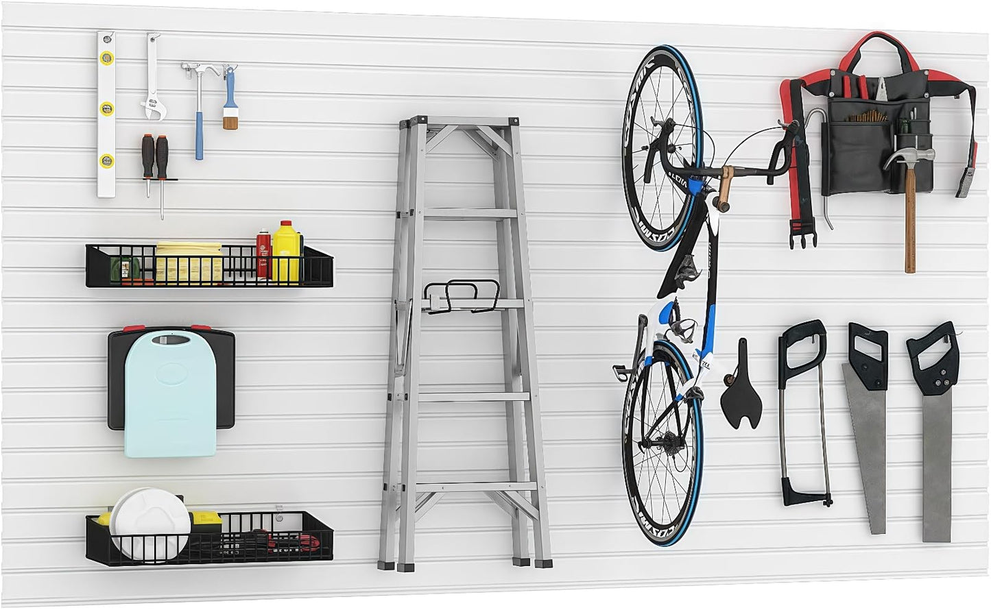 Noliven Slatwall Panel Wall Storage Systems, 4x8 ft Slat Wall Paneling Garage Wall Organizer with Five Hooks, Heavy Duty Wall Mounted PVC Wall Rack, White