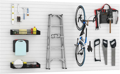 Noliven Slatwall Panel Wall Storage Systems, 4x8 ft Slat Wall Paneling Garage Wall Organizer with Five Hooks, Heavy Duty Wall Mounted PVC Wall Rack, White