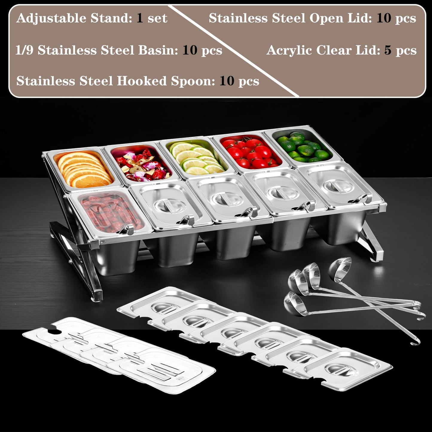 SHPii Two Tier Adjustable Stainless Steel Spice Organizer Set of 10 Pots with Spoons Commercial Kitchen Spice Rack Sauce Rack Buffet Counter Milk Tea Shop Multifunctional Shelf (Double Slant)