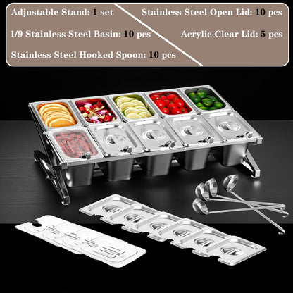SHPii Two Tier Adjustable Stainless Steel Spice Organizer Set of 10 Pots with Spoons Commercial Kitchen Spice Rack Sauce Rack Buffet Counter Milk Tea Shop Multifunctional Shelf (Double Slant)