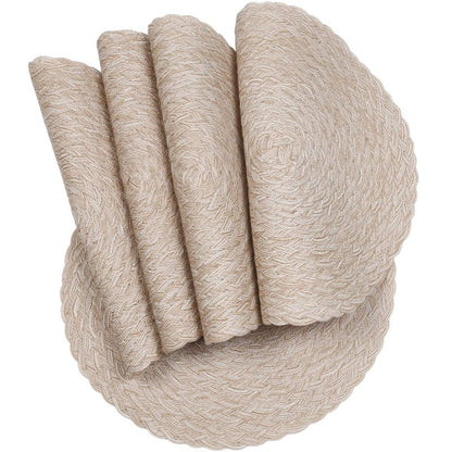 SHACOS Round Braided Placemats 15 inch Set of 6 Thick Boho Kitchen Table Placemats for Home Wedding Party (T-Beige, 6)