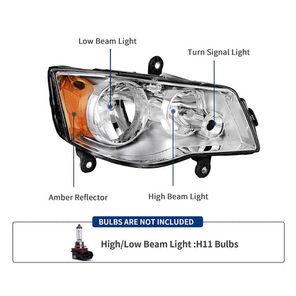 Reinko Headlight Assembly Compatible with 2011-2020 Dodge Grand Caravan / 2008-2016 Chrysler Town & Country Headlamp Chrome with Amber Reflector Factory Style Replacement Pair