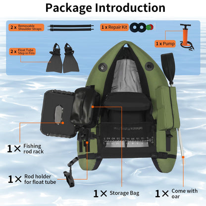 Xproutdoor Fishing Float Tubes, Inflatable Float Tube, Belly Boat Fishing with Adjustable Straps, Storage Pockets, Fish Ruler, Pump, Oar, Rod Holder and Mount, Fins, 350LBS Load Bearing Capacity
