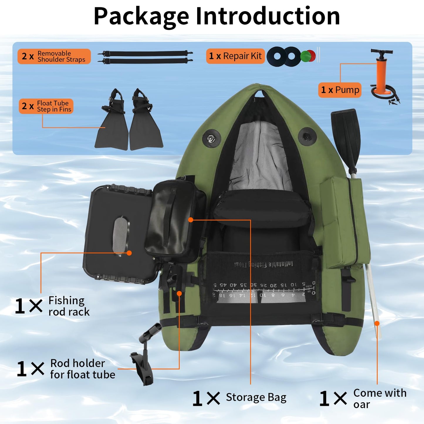 Xproutdoor Fishing Float Tubes, Inflatable Float Tube, Belly Boat Fishing with Adjustable Straps, Storage Pockets, Fish Ruler, Pump, Oar, Rod Holder and Mount, Fins, 350LBS Load Bearing Capacity