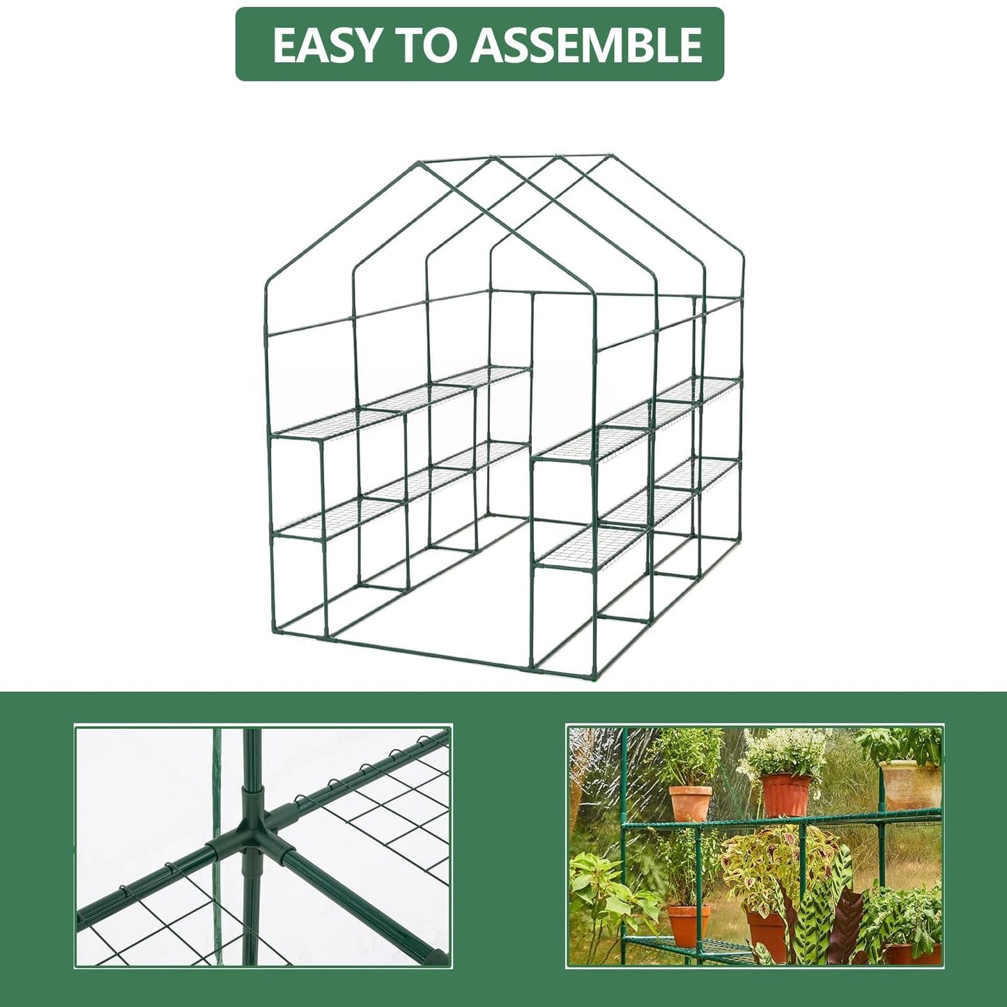Greenhouse, 57 x 85 x 77'' Greenhouses for Outdoors, with Mesh Side Windows, PE Cover, 8 Shelves, Heavy Duty Walk in Green House for Backyard Garden Indoor, White& Green Outside