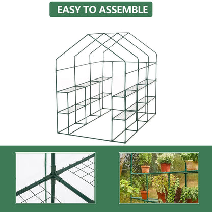 Greenhouse, 57 x 85 x 77'' Greenhouses for Outdoors, with Mesh Side Windows, PE Cover, 8 Shelves, Heavy Duty Walk in Green House for Backyard Garden Indoor, White& Green Outside