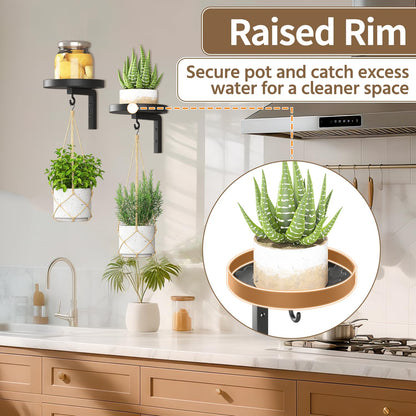 LASZOLA Plant Hangers Shelves Wall Mounted Indoor, Metal Window Plant Holders, 2Pcs Modern Floating Flower Display Stand with 2 Hooks for Outdoor Kitchen Bathroom Decor, Black