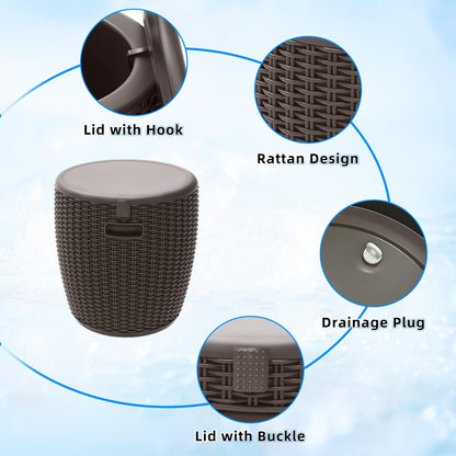 Outdoor Ice Cooler Side Table, 9.5 Gallon Beer and Wine Cooler for Patio Party, Portable Bar Table Rattan Pattern Round Portable Ice Chest, Patio Furniture & Beverage