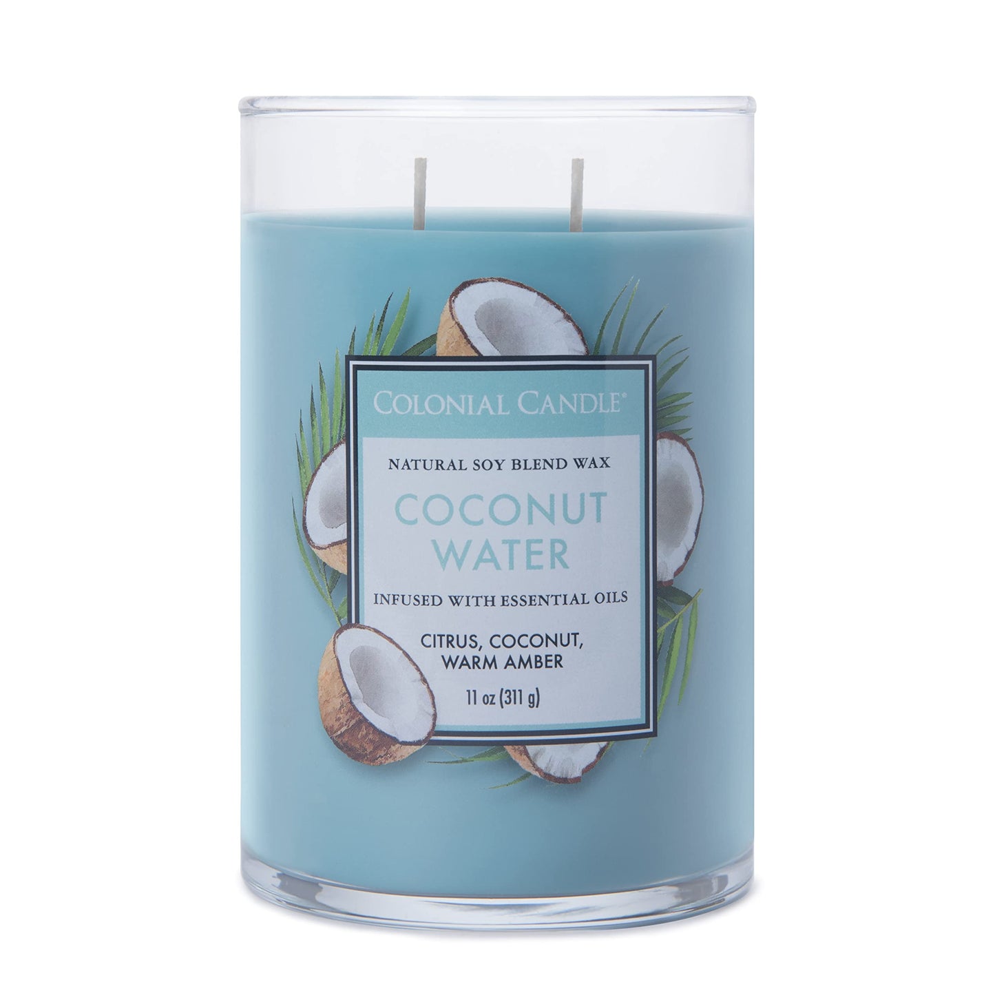 Colonial Candle Coconut Water Scented Jar Candle, Classic Cylinders Collection, 2 Wick, Blue, 11 oz - Up to 80 Hours Burn