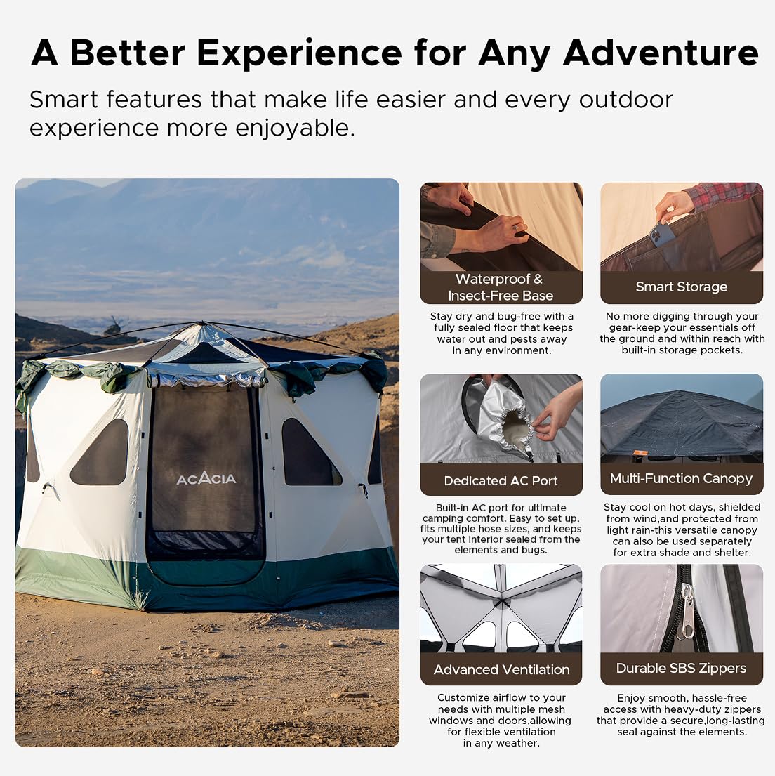 Space Acacia Lite Camping Tent | 4-8 Person Pop Up Tents for Camping | Lightweight & Durable Beach Tent | Level 7 Wind Resistance, UPF 50+ | Quick Setup for Camping & Backyard, Banyan