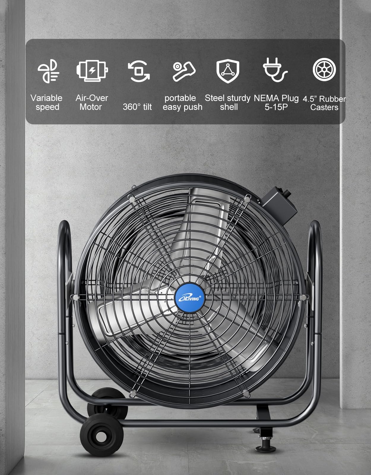iLiving 24" BLDC Air Circulator High Velocity Floor Fan, 115V, 265W, Grey (ILG8M24-70EC)