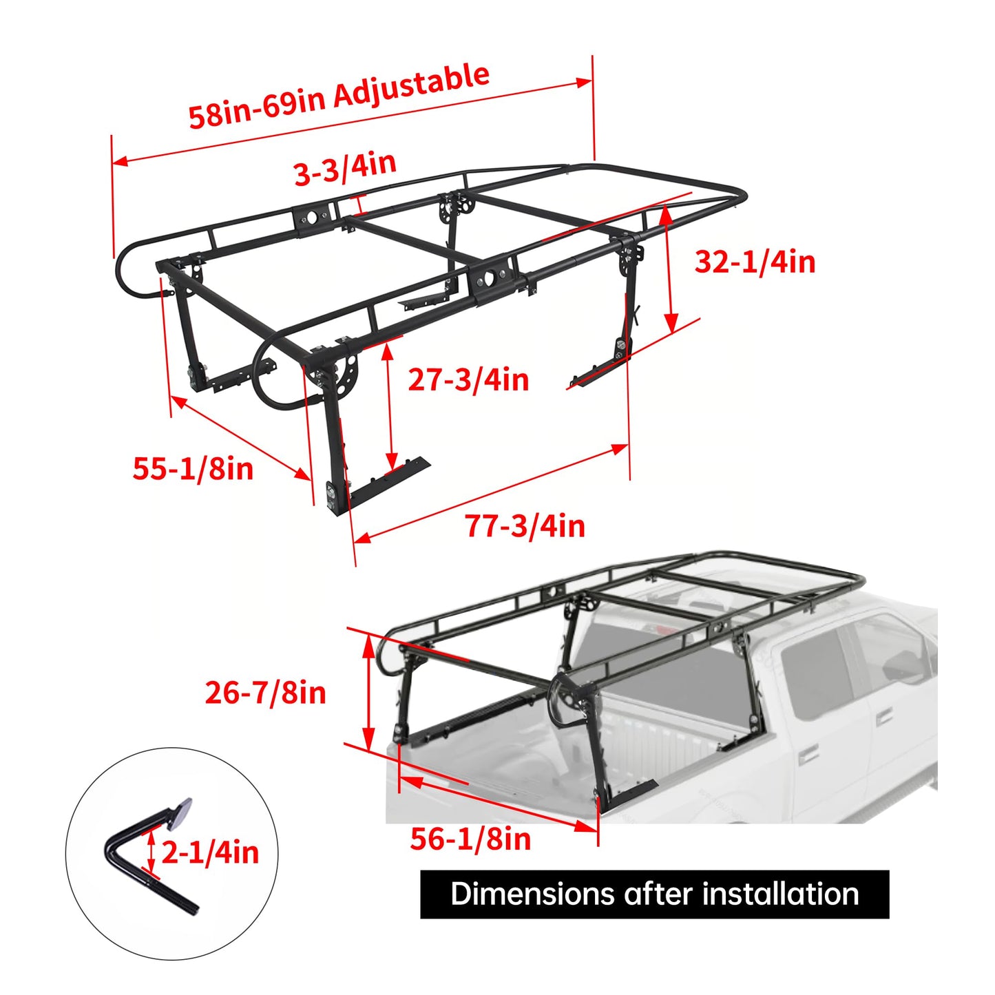 ALMULOO Adjustabl Truck Ladder Rack 60" W x 138" L x 34" H Universal Truck Pickup Bed Contractor Rack Heavy Duty Steel Lumber Utility Kayak Rack 1000lbs
