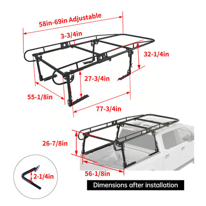 ALMULOO Adjustabl Truck Ladder Rack 60" W x 138" L x 34" H Universal Truck Pickup Bed Contractor Rack Heavy Duty Steel Lumber Utility Kayak Rack 1000lbs