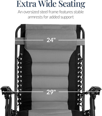 Best Choice Products Oversized Padded Zero Gravity Chair - XL Outdoor Recliner with Headrest, Cup Holder & Side Tray - Gray
