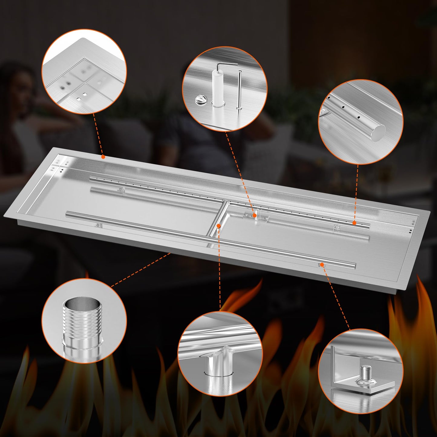 Onlyfire 48 x 14 Inch Drop-in Fire Pit Pan Kit, Rectangular Stainless Steel Propane Gas Firepit Pan Kit with H Burner, Spark Ignition and Propane Hose Kit for Indoor or Outdoor DIY Fire Pit Fireplace