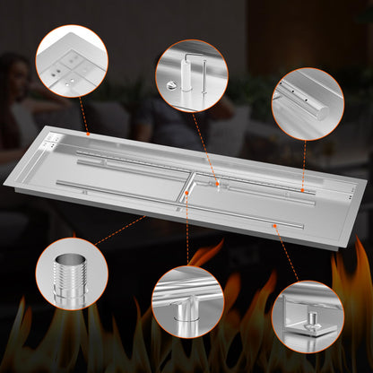 Onlyfire 48 x 14 Inch Drop-in Fire Pit Pan Kit, Rectangular Stainless Steel Propane Gas Firepit Pan Kit with H Burner, Spark Ignition and Propane Hose Kit for Indoor or Outdoor DIY Fire Pit Fireplace