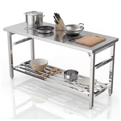 MegaChoice 60 x 24 Inch Stainless Steel Prep Table, Folding Stainless Steel Work Table with Adjustable Undershelf, Heavy Duty Metal Workstation for Commercial, Kitchen, Restaurant, Garage, Home