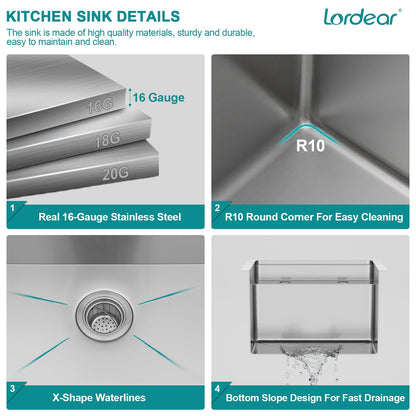 Lordear 15x17 Indoor Outdoor Kitchen Sink with Foldable Faucet Samll Bar Prep 16 Gauge T304 Stainless Steel Single Bowl Basin for Island Camper Wet Bar Prep Mobile Home