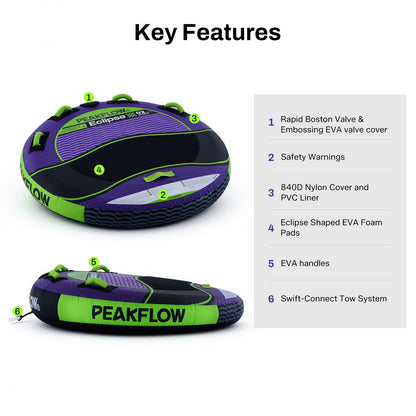 PEAKFLOW Towable Tube,Boat Tube,1-2 PersonsModels,Tubes for Boating,Heavy Duty 840D Nylon & 28-Gauge PVC,High-Speed Water Fun, 54x54 Inches Inflated,Eclipse Series