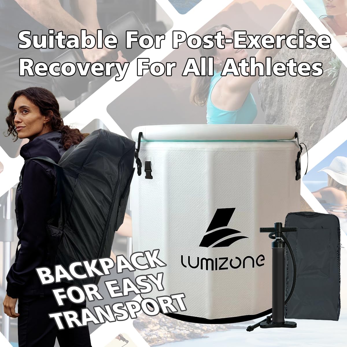 Lumizone Inflatable Cold Plunge Tub 118 Gallons Capacity Ice Bath Portable Ice Bath Tub Compatible With Water Chillers with Lid Drop Stitch PVC Double Layer Seals Oversized for Athletes