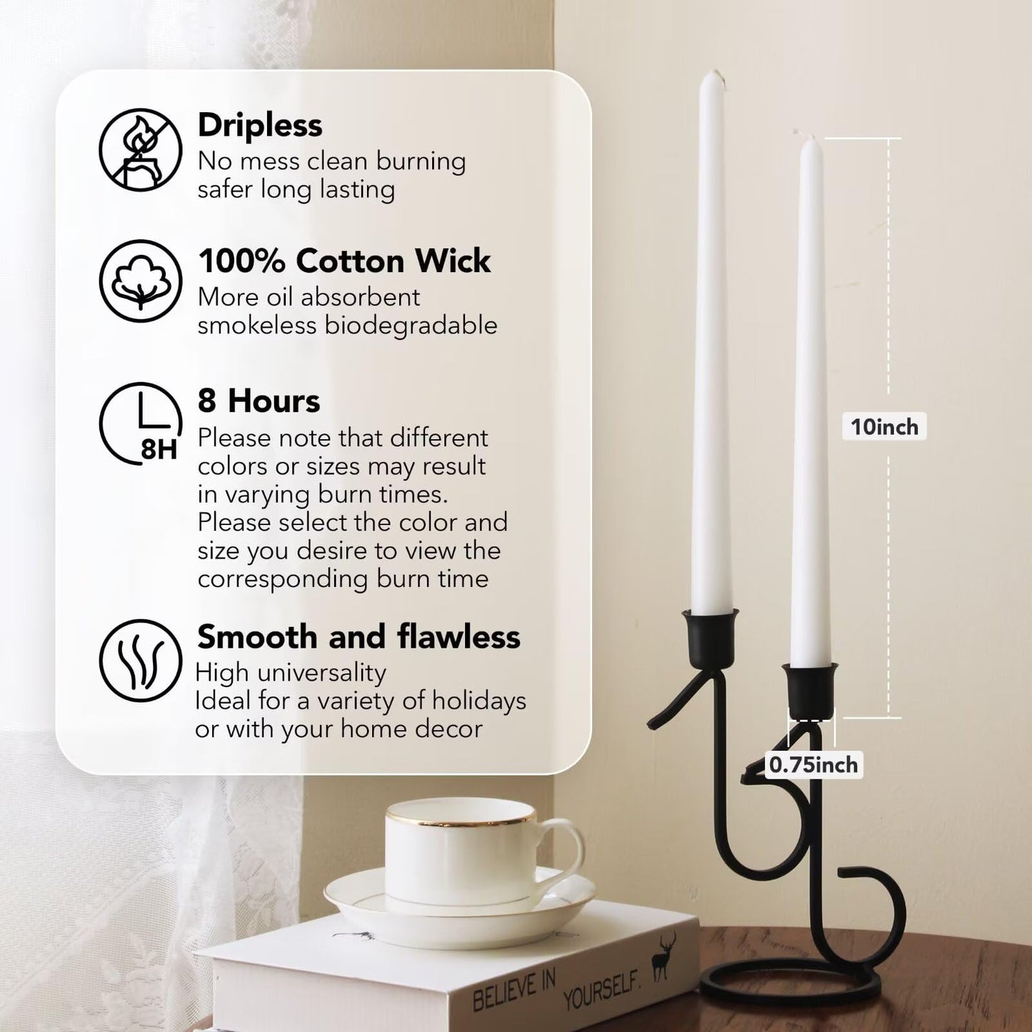 Pickood 10-Inch Tall Unscented Dripless Taper Candles Bulk 30 Pack - White Taper Candles Bulk, Perfect for Wedding, Dinner - Smokeless, 6-8 Hour Long Burning - Colored Candlesticks Bulk - White