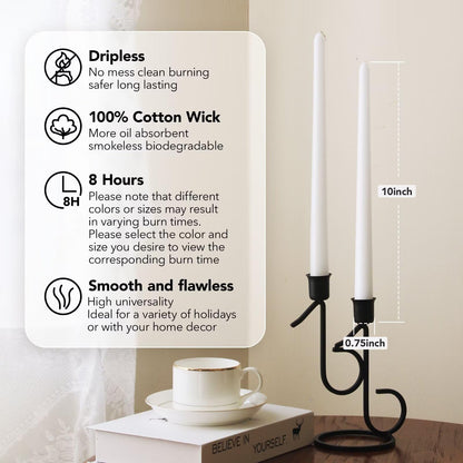 Pickood 10-Inch Tall Unscented Dripless Taper Candles Bulk 30 Pack - White Taper Candles Bulk, Perfect for Wedding, Dinner - Smokeless, 6-8 Hour Long Burning - Colored Candlesticks Bulk - White