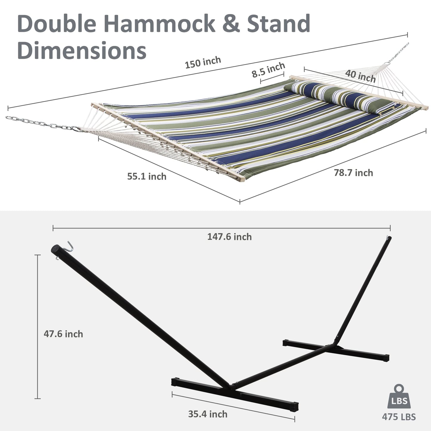 SUNCREAT Double Quilted Hammocks for Outside with 12ft Stand, Heavy Duty Hammock Storage Bag