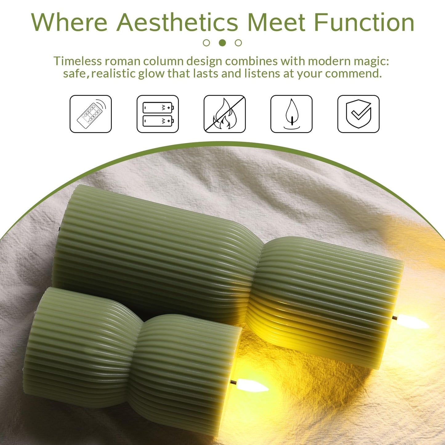 Girimax Olive Green Ribbed Flameless Pillar Candles with Remote, LED Candles Battery Operated Flickering Real Wax Set of 2