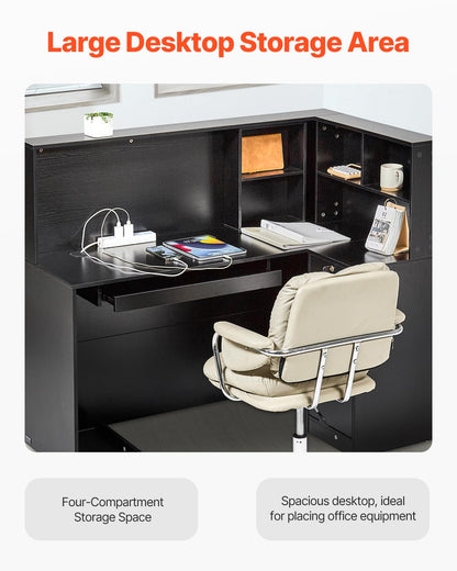VEVOR Reception Desk, 55Inch L-Shaped Front Counter Table, Office Reception Counter with Drawer Keyboard Tray and Storage Cabinet, for Checkout, Lobby, Beauty Salon & Office, Black