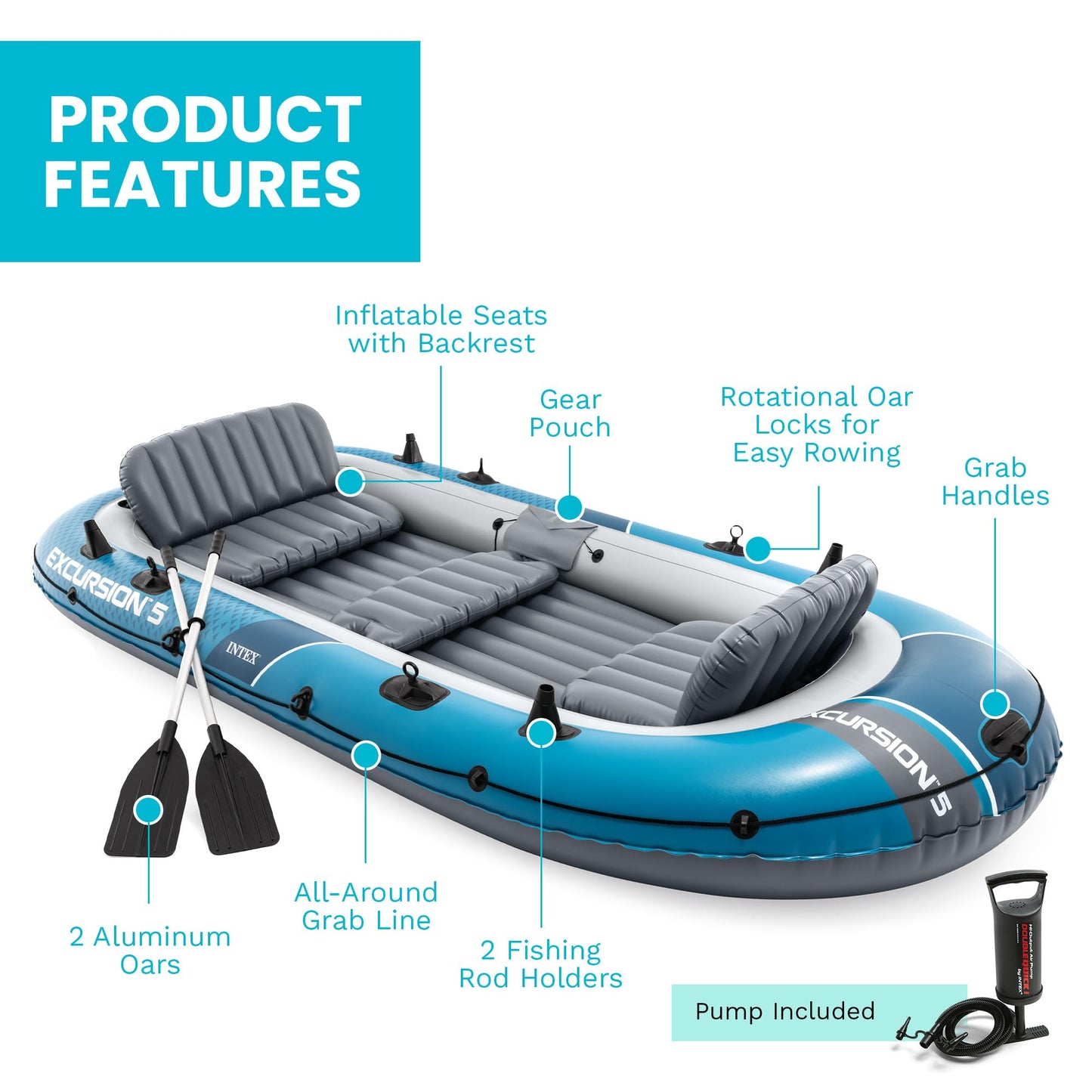 INTEX 66325EP Excursion 5 Inflatable Boat Set: Includes Deluxe 54in Aluminum Oars and High-Output-Pump – Adjustable Seats with Backrest – Fishing Rod Holders – 5-Person – 1320lb Weight Capacity