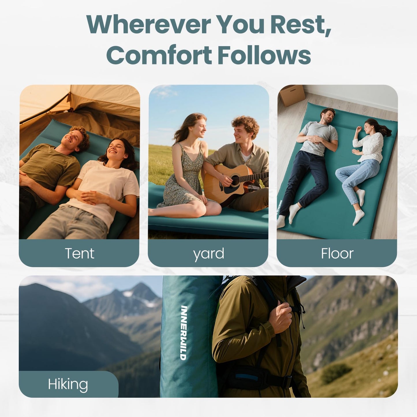 INNERWILD Double Camping Sleeping Pad with Electric Pump, 3.15" Thick 2 Person Self Inflating Memory Foam Mattress Pad with Pillow, Portable Sleeping Mat for Travel, Car, Tent- Dark Green, Full Size